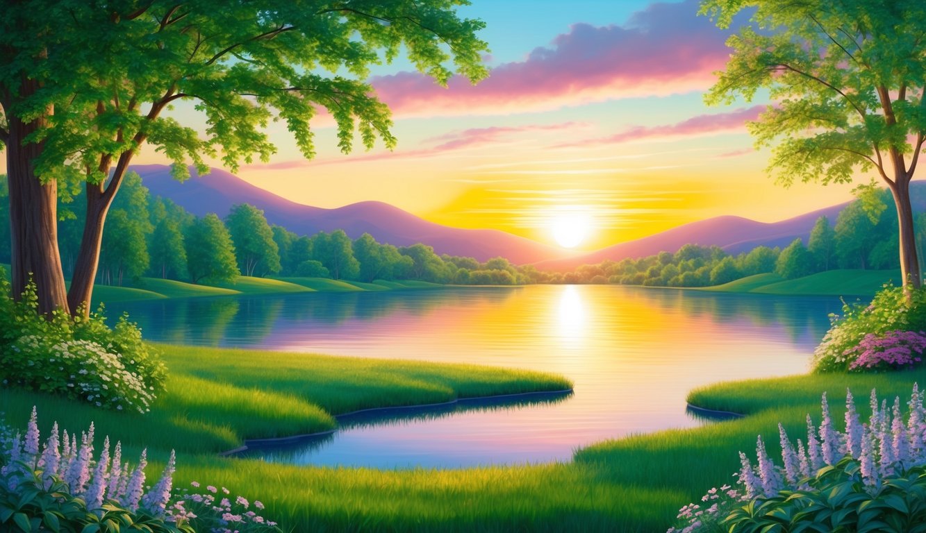 A serene landscape with a vibrant sunrise over a tranquil lake, surrounded by lush greenery and blooming flowers.</p><p>A sense of peace and joy emanates from the scene