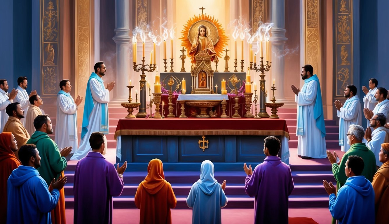 A sacred altar adorned with candles, incense, and religious symbols, surrounded by worshippers in prayer and song