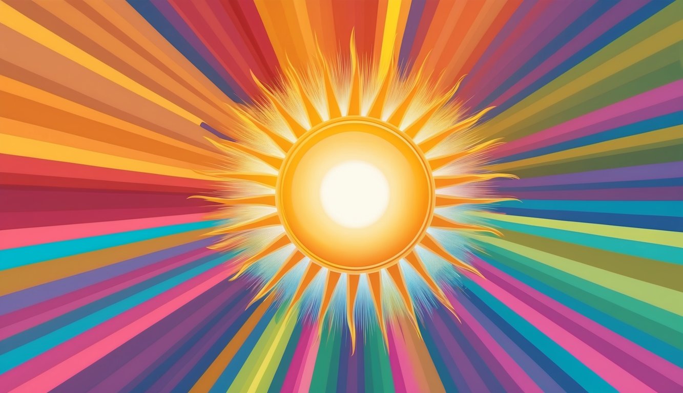 A glowing sunburst surrounded by colorful rays, radiating joy and strength