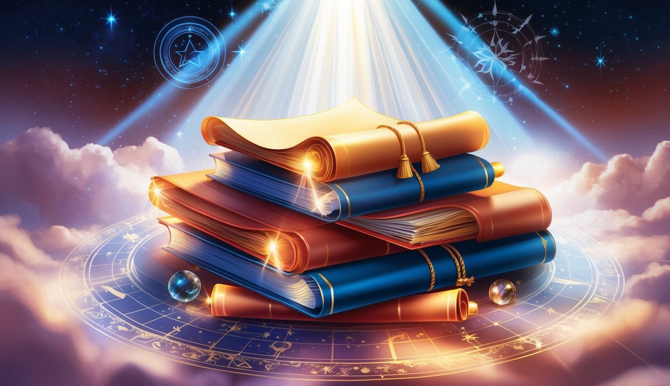 A radiant beam of light shines down on a stack of glowing scrolls, surrounded by celestial symbols and shimmering stars