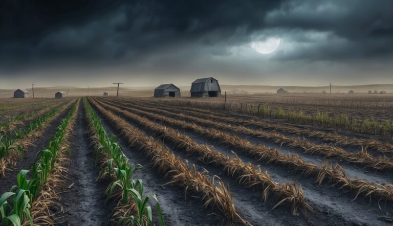 Corn field with barns under a stormy sky and a full moon