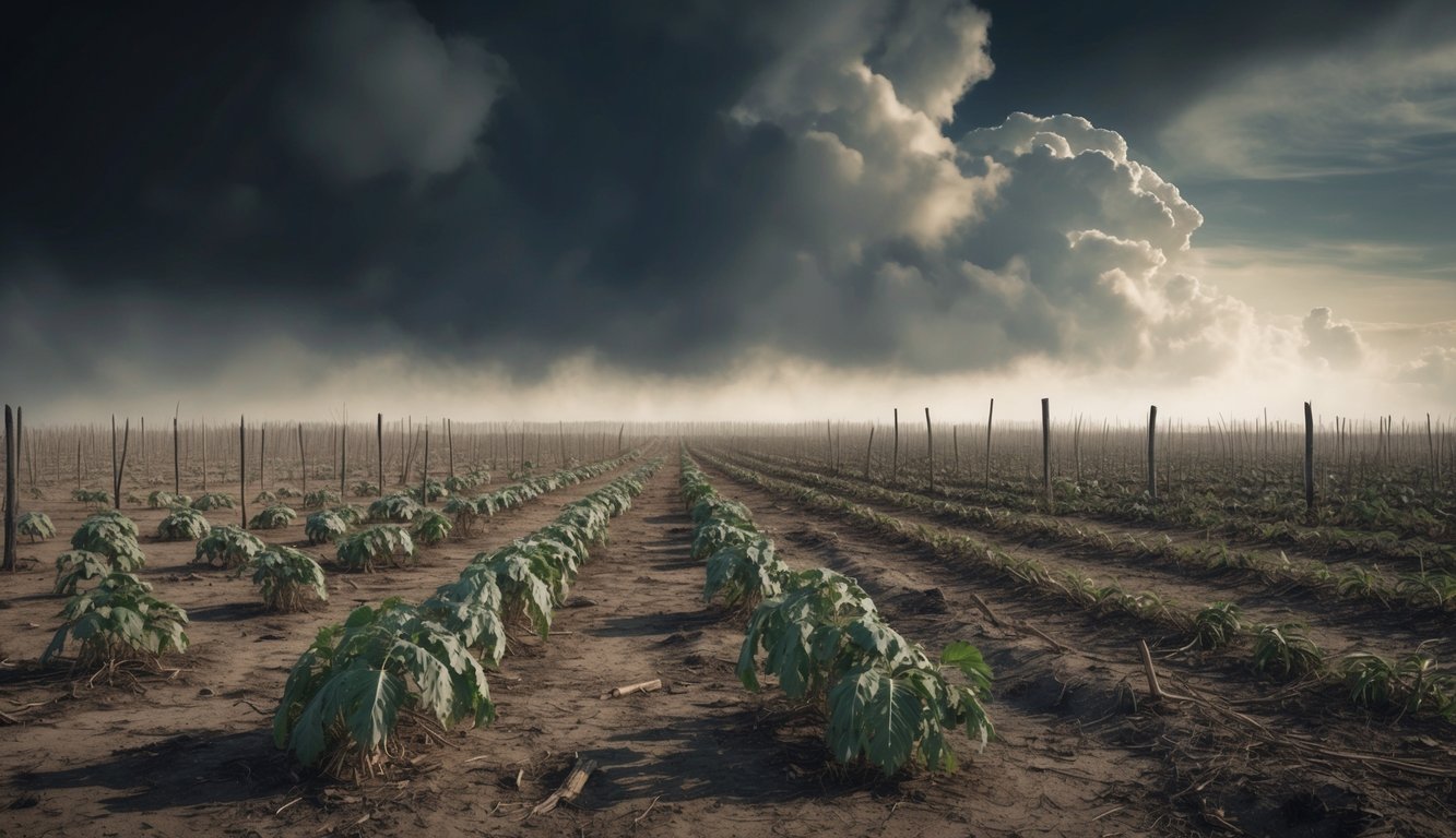 A barren land with wilted crops and empty fields, overshadowed by dark clouds and a sense of despair