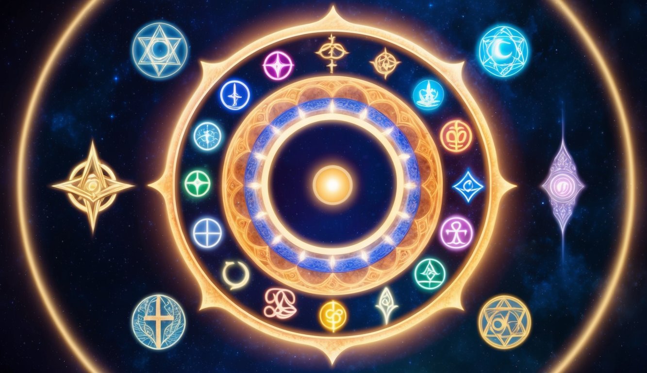 A glowing, celestial wheel with various divine symbols encircling a central point