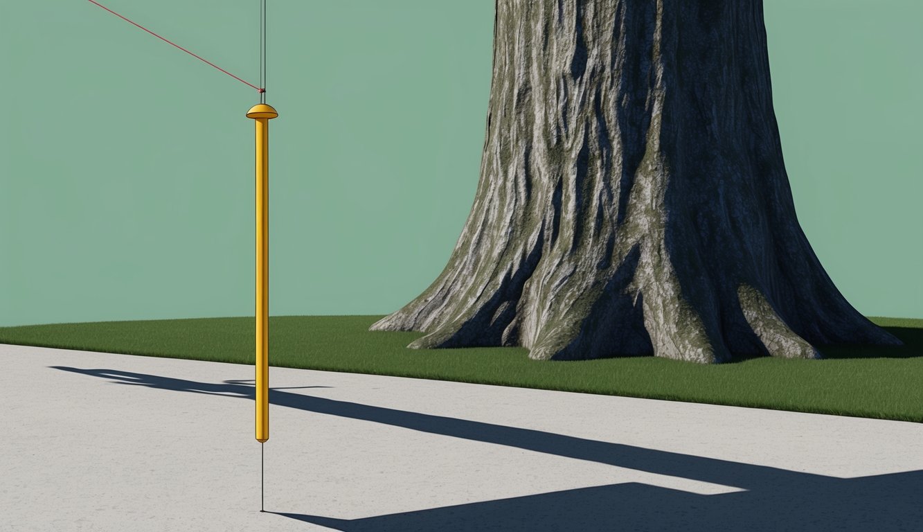 A plumb line suspended next to a towering tree, casting a straight shadow on the ground