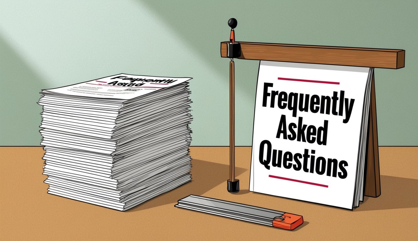 A plumb line hanging next to a stack of Frequently Asked Questions papers on a desk