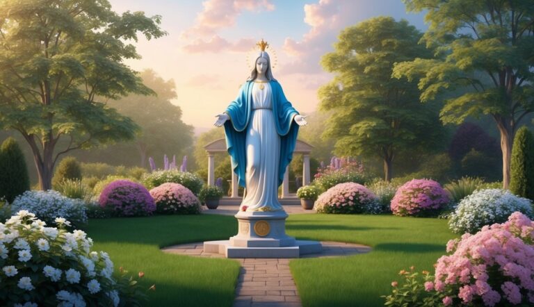 Statue of Mary in a garden with flowers and trees
