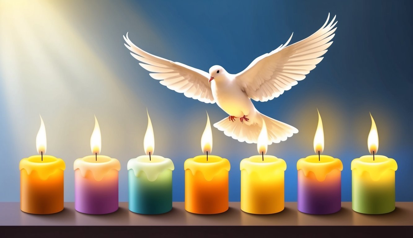 A dove hovers over a group of seven glowing candles, each representing a different virtue of the Holy Spirit.</p><p>The soft light illuminates the serene atmosphere