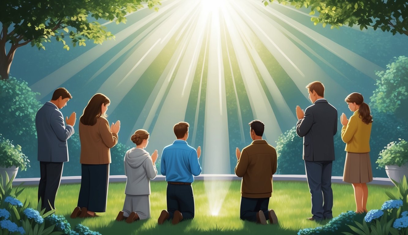 A peaceful garden with a radiant light shining down on a group of individuals praying together.</p><p>The atmosphere is serene and filled with a sense of hope and faith