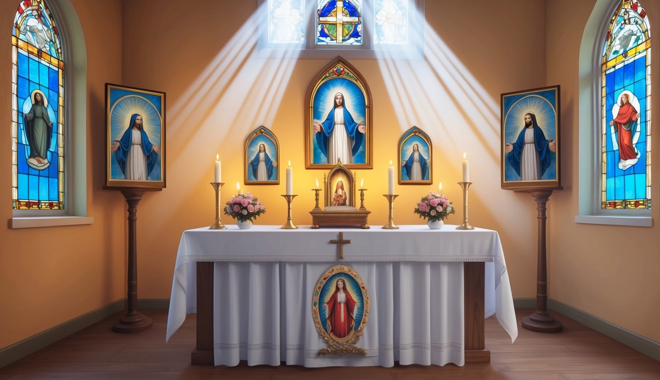 A serene candlelit room with a religious altar adorned with images of the divine mercy.</p><p>Rays of light streaming in through stained glass windows