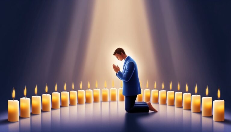 Man kneeling in prayer surrounded by lit candles, illuminated by light