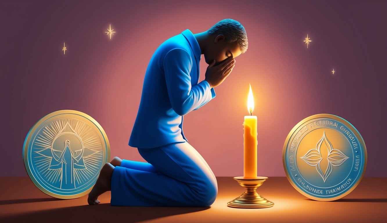 A figure kneels before a glowing candle, head bowed in prayer, surrounded by symbols of guidance and enlightenment