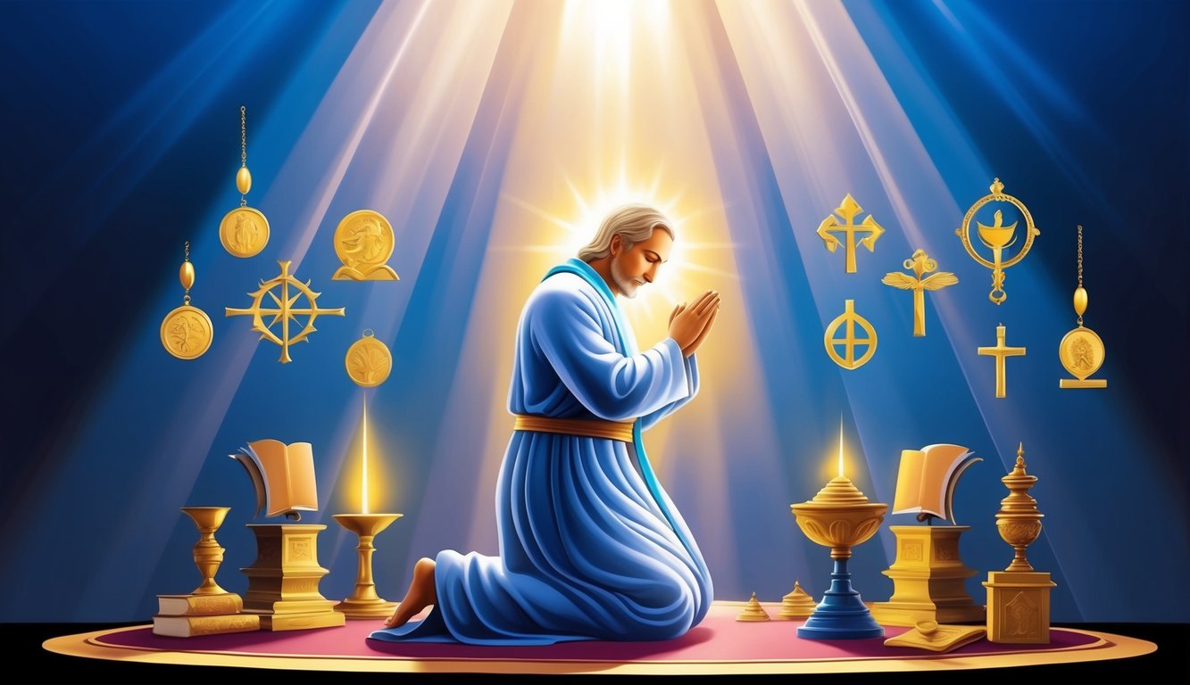 A serene figure kneels in prayer, surrounded by symbols of devotion and guidance.</p><p>Rays of light shine down, illuminating the scene