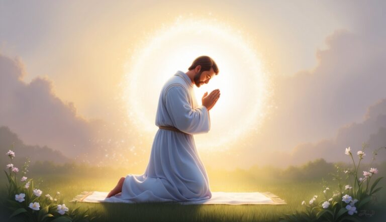 Man kneeling in prayer on a mat, surrounded by light and flowers