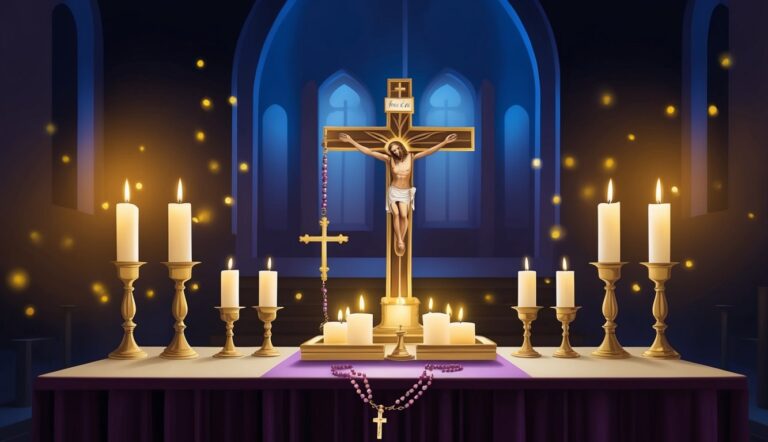 Jesus on the cross with candles on a church altar