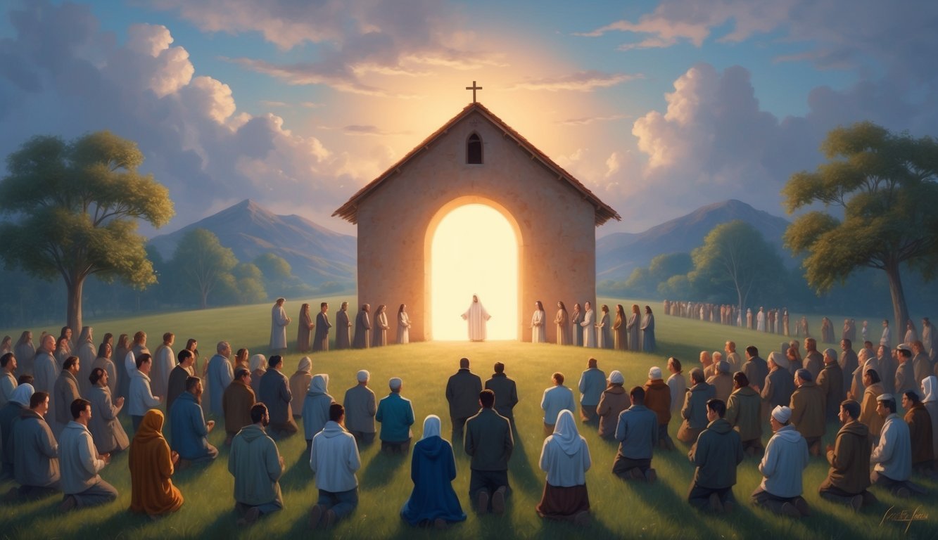 A serene landscape with a glowing light emanating from a simple, rustic chapel, surrounded by a crowd of people in prayer