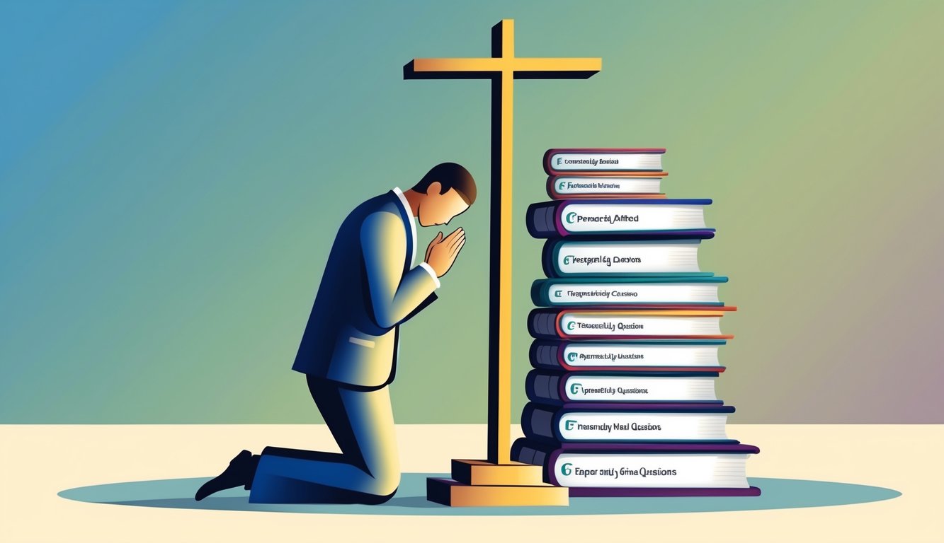 A figure kneeling in prayer before a cross, surrounded by a stack of books labeled "Frequently Asked Questions." A peaceful, contemplative atmosphere