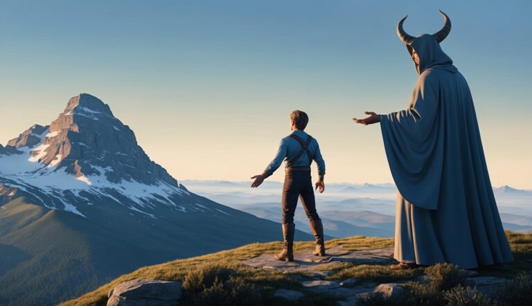 Man facing horned figure on mountain, with mountain in the background