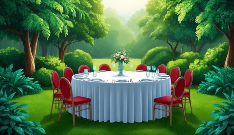 Round table set for a meal in a lush green garden with red chairs