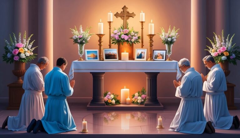 Priests kneeling in prayer before an altar with candles and flowers