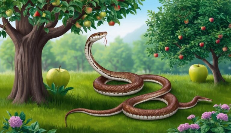 Snake in the Garden of Eden with apple trees and green grass