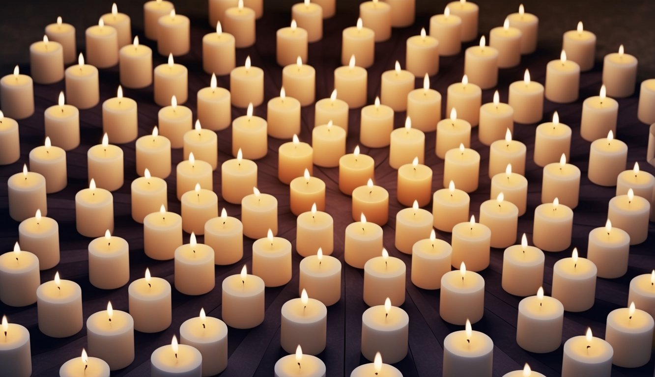 A group of candles arranged in a circular pattern, with a peaceful and solemn atmosphere