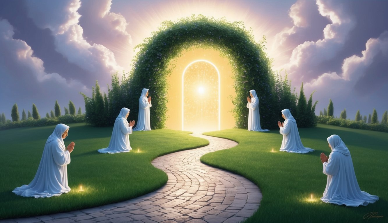 A serene garden with a winding path leading to a glowing portal, surrounded by ethereal light and figures of departed souls in prayer