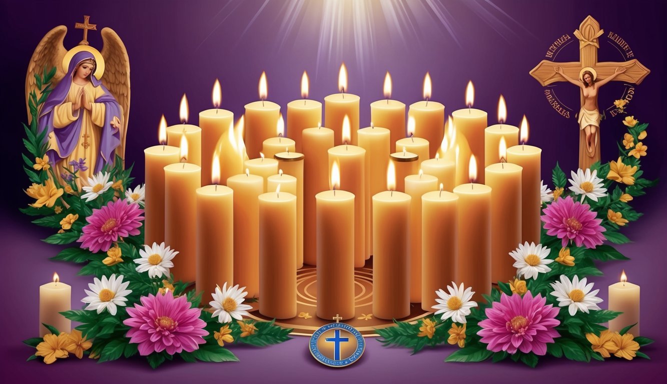 A group of candles arranged in a circle, surrounded by flowers and religious symbols, with a peaceful and reverent atmosphere