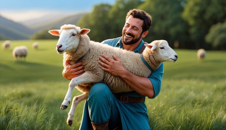 Smiling man holding a sheep in a field, other sheep in background