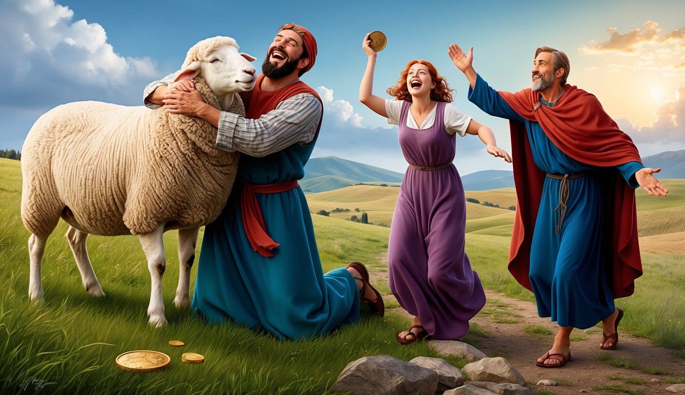 A shepherd joyfully embraces a lost sheep, while a woman rejoices over a found coin, and a father welcomes back his prodigal son