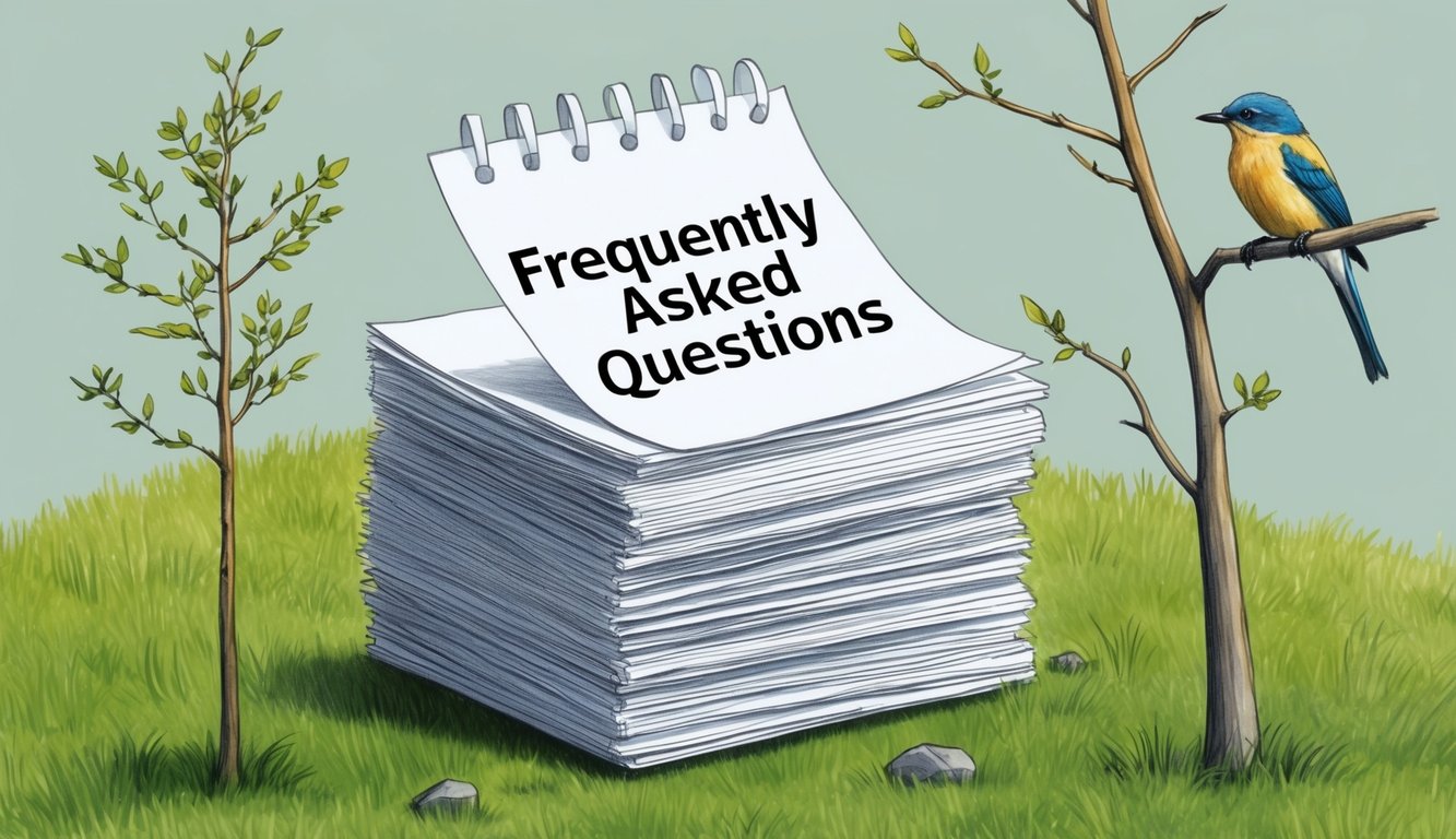 A stack of paper with "Frequently Asked Questions" printed on top, surrounded by a young tree and a bird perched on a nearby branch