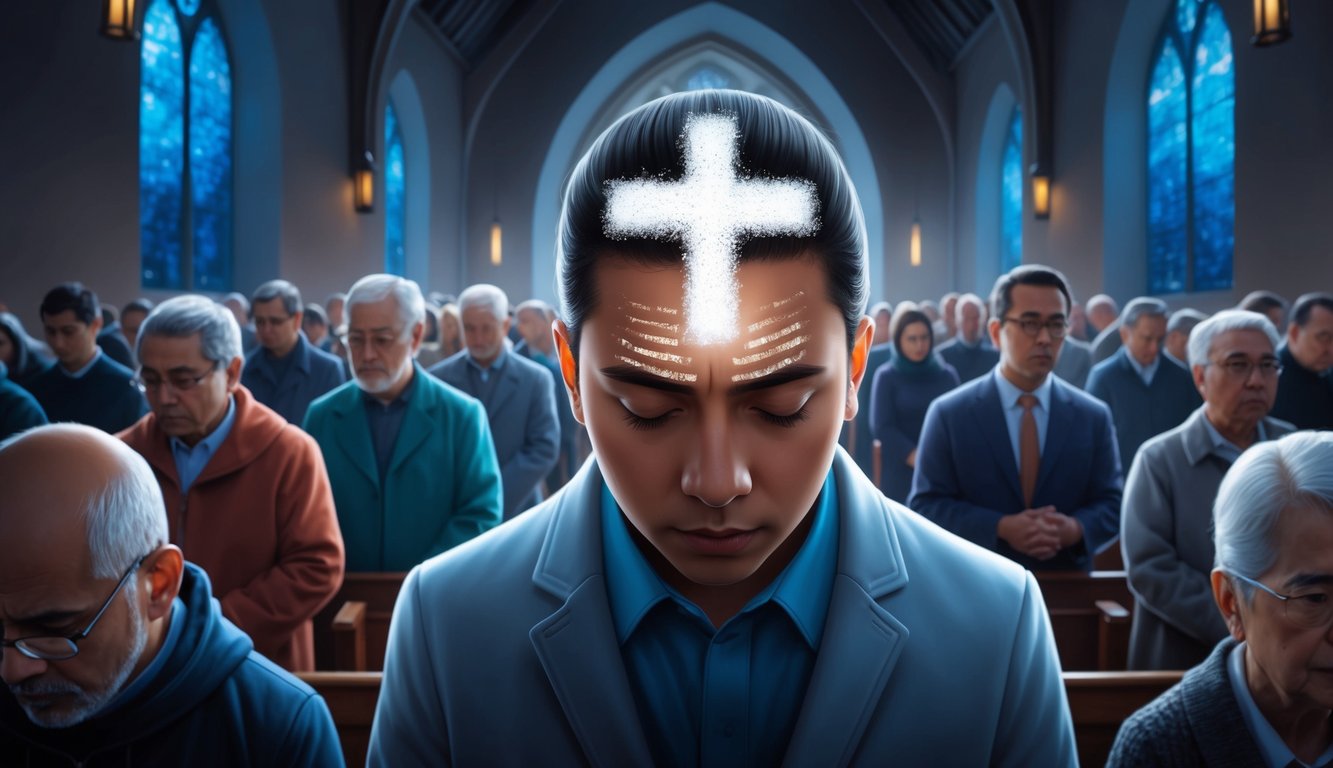 A cross of ashes on a forehead, surrounded by somber worshippers in a dimly lit church