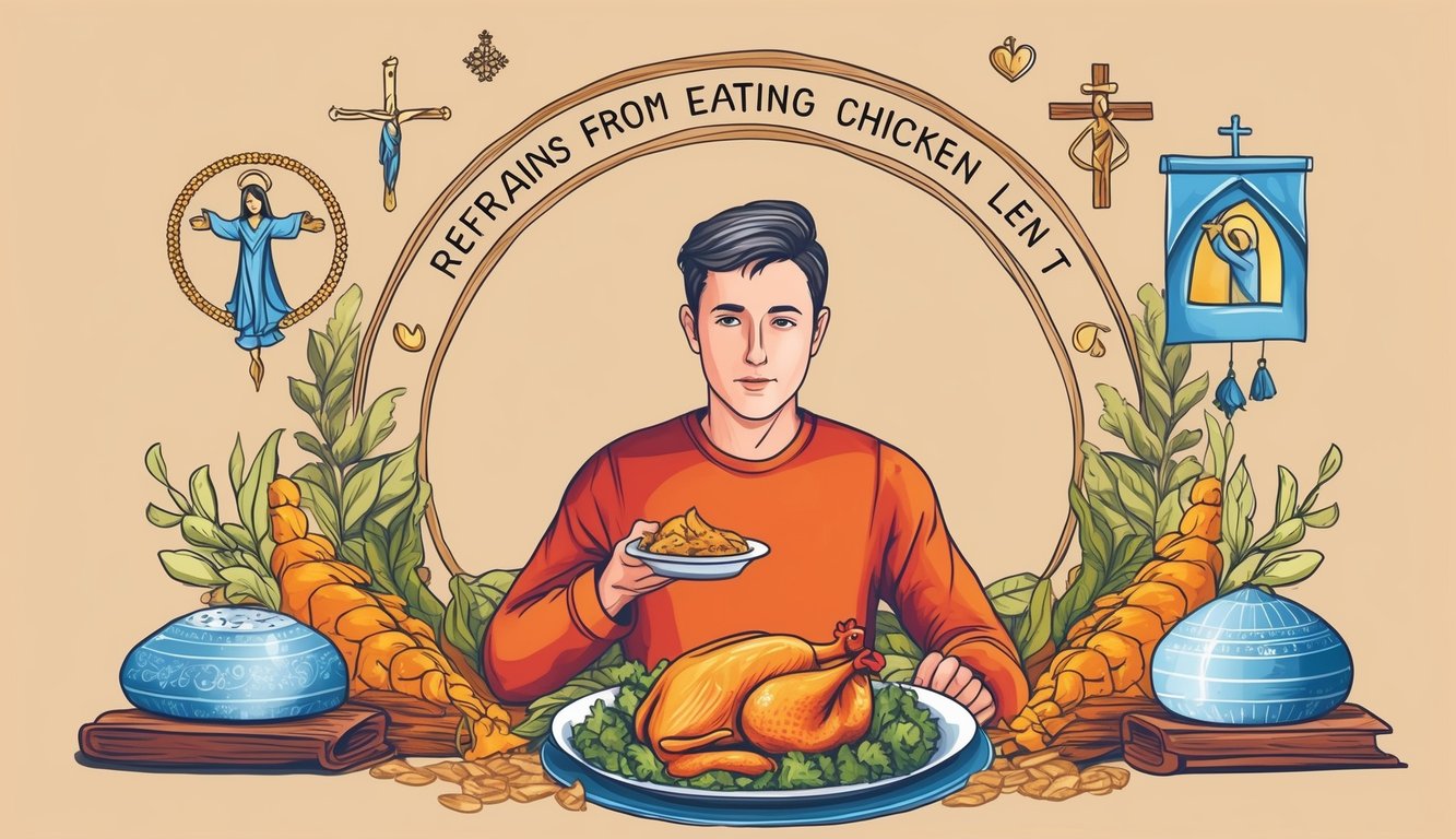 A person refrains from eating chicken during lent, surrounded by symbols of spirituality and fasting