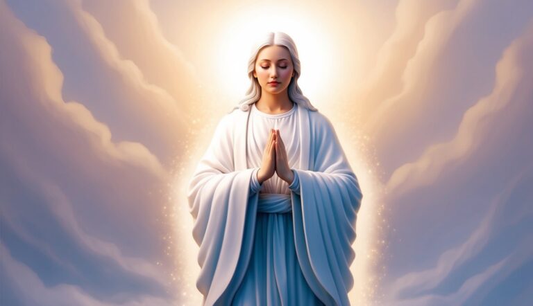 Woman in white robes with hands clasped in prayer, surrounded by clouds