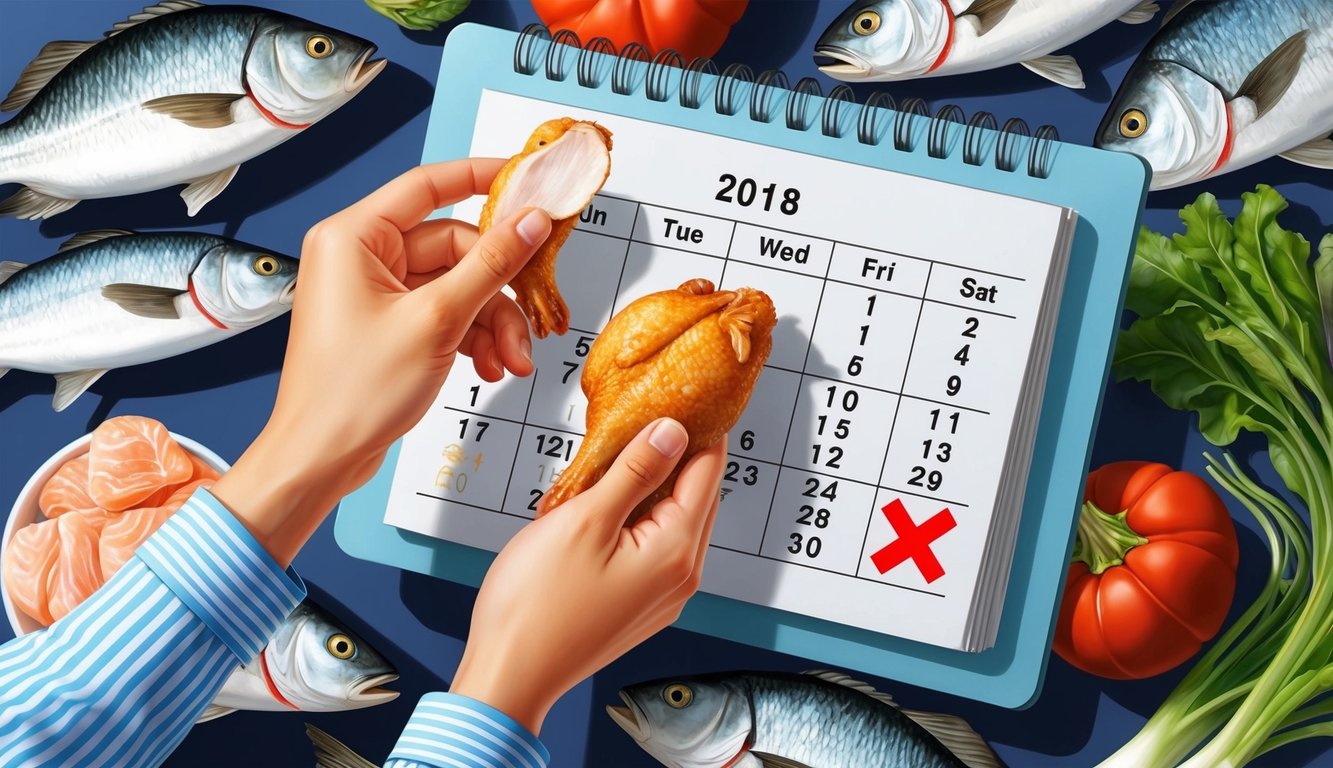 A person holding a piece of chicken, looking at a calendar with a cross on the date, surrounded by fish and vegetables