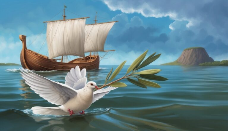White dove with olive branch, ship, and island in the sea