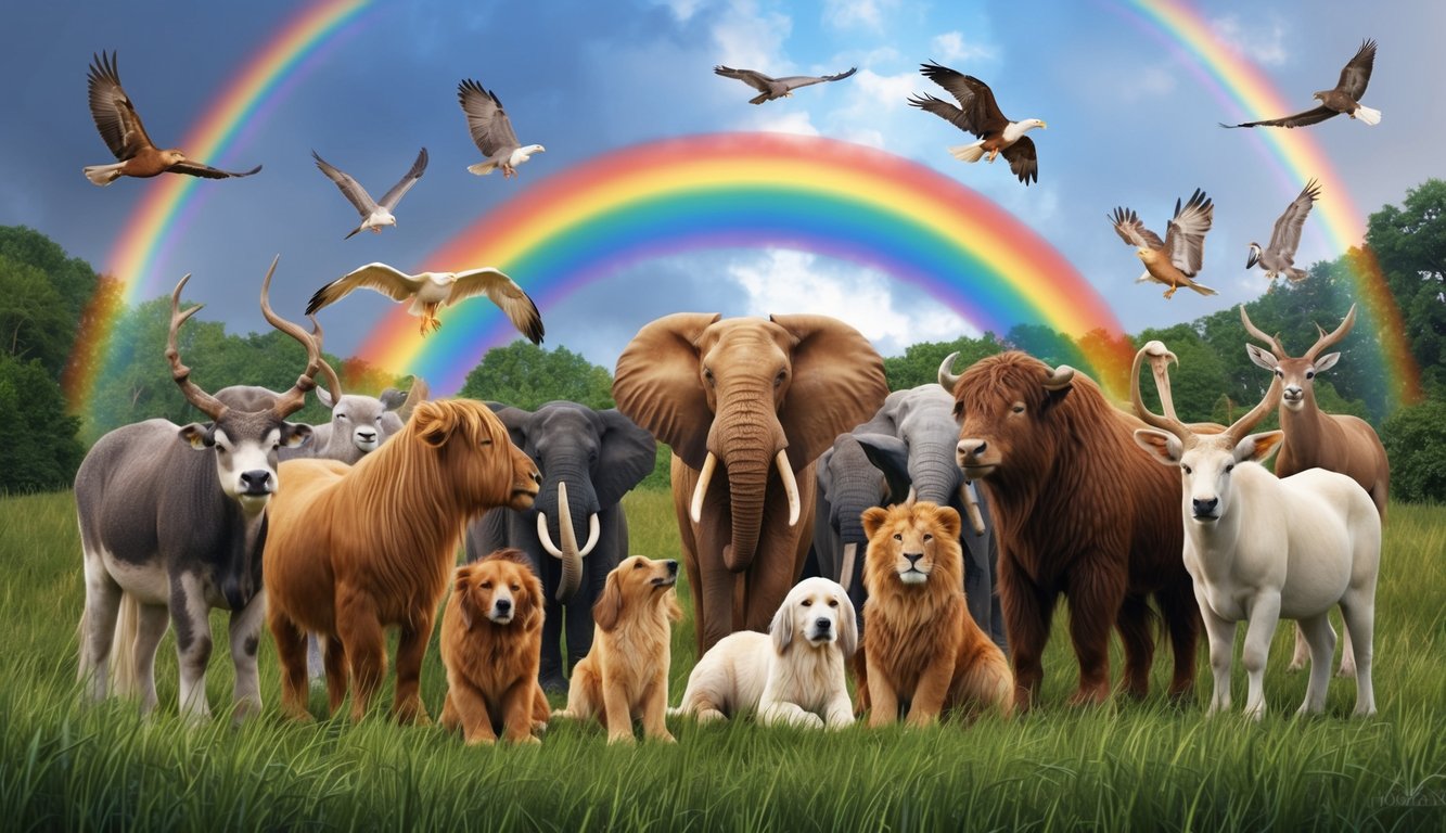 A diverse group of animals gather around a rainbow, symbolizing the covenant between God and Noah's descendants