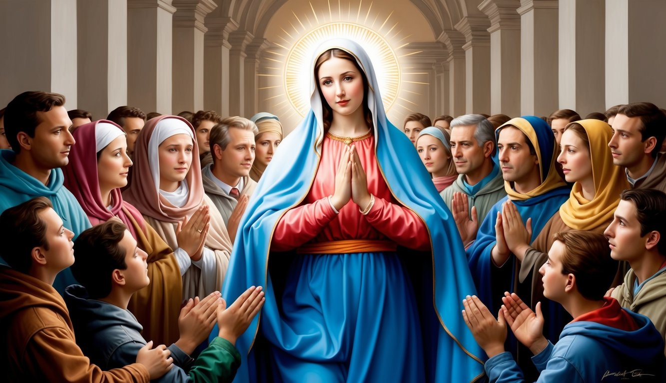 The Blessed Virgin Mary surrounded by a crowd of people, with hands raised in prayer and a halo of light above her head