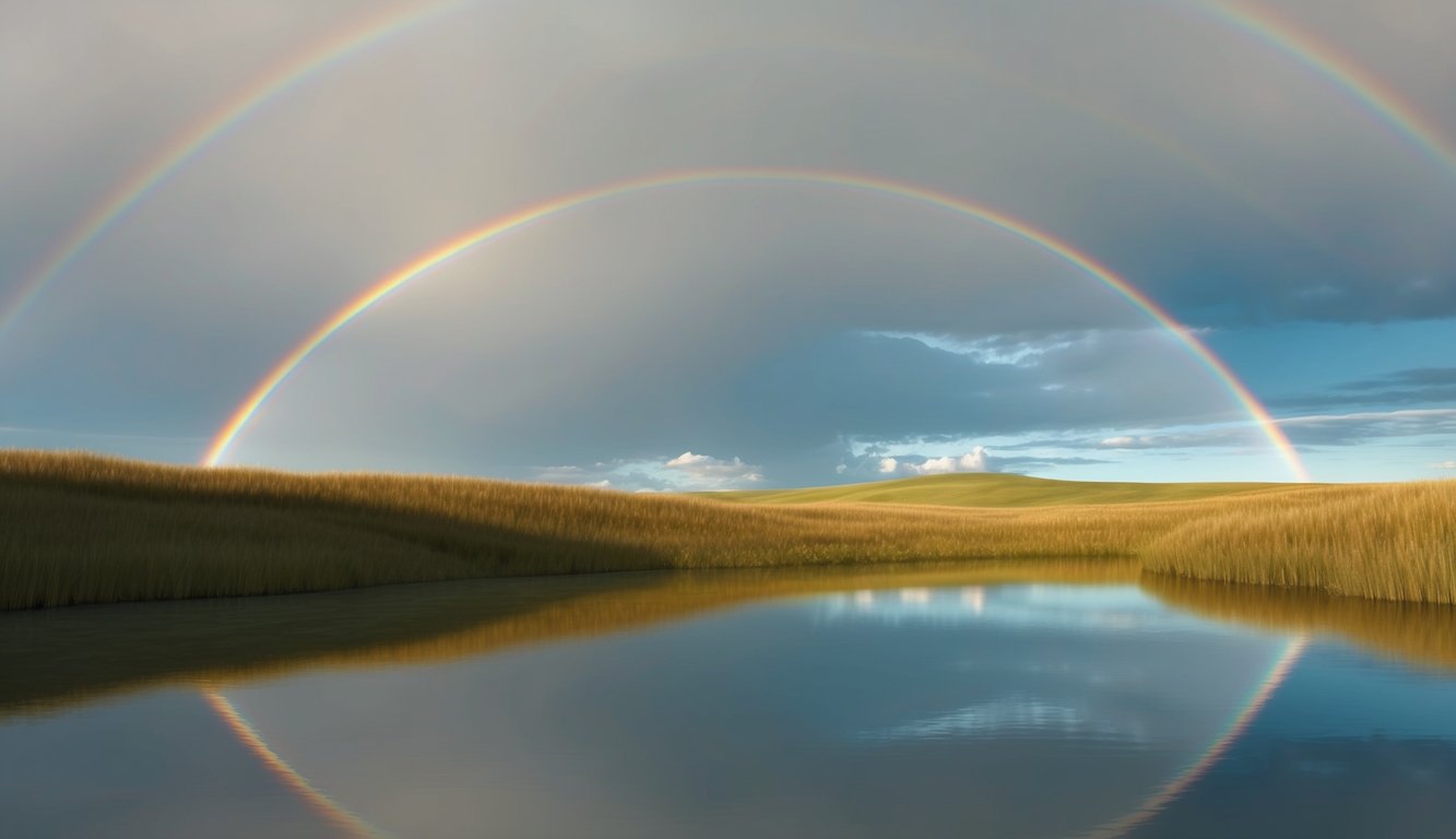 A serene landscape with a rainbow stretching across the sky, reflecting on a calm body of water