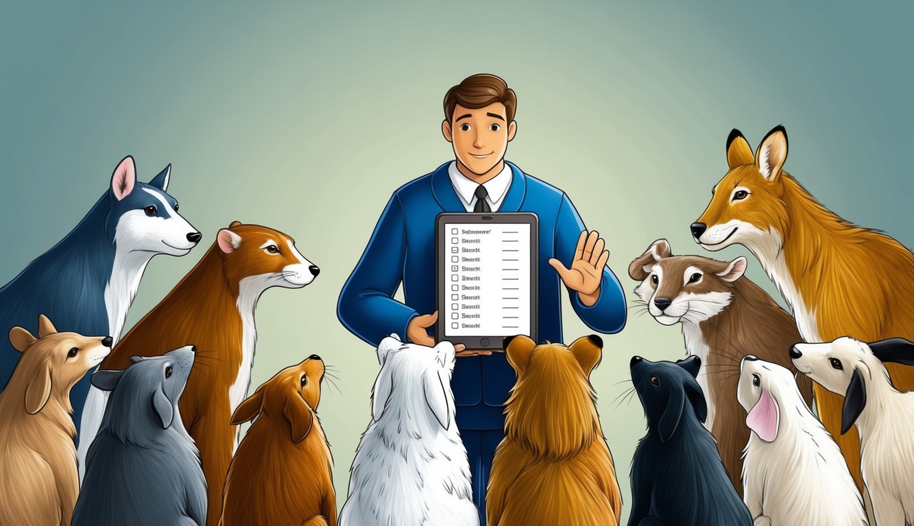 A group of animals gather around a figure holding a tablet with a list of questions.</p><p>The figure gestures to the tablet as the animals listen attentively