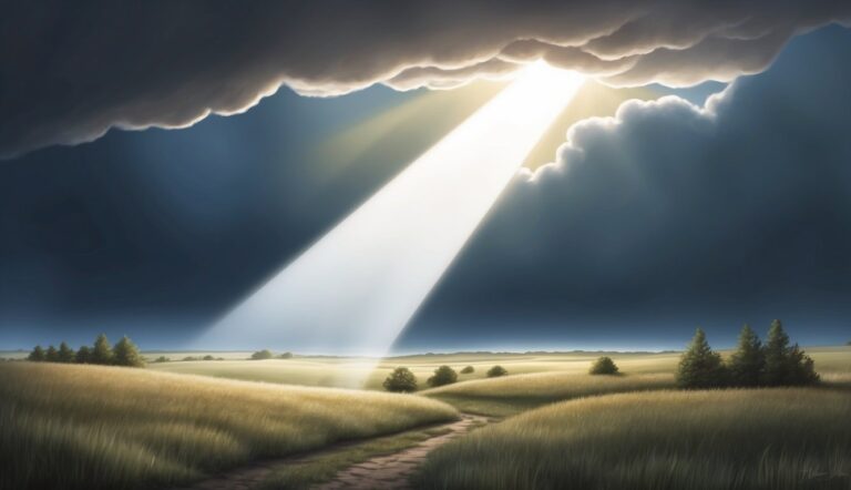 Dramatic landscape with a beam of light shining through dark clouds