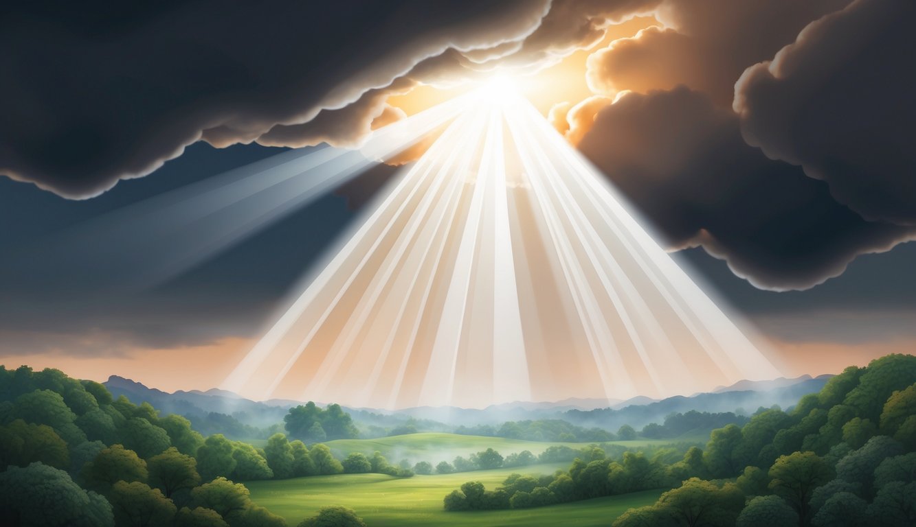 A radiant beam of light pierces through dark clouds, illuminating a lush, peaceful landscape below