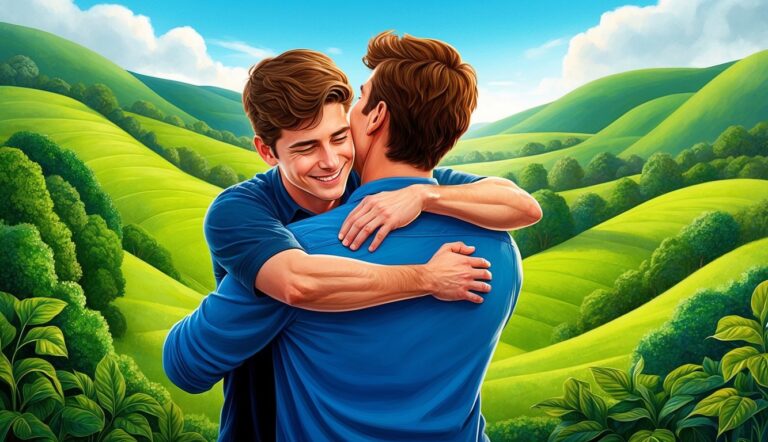 Two men embracing in a field of green hills, blue sky