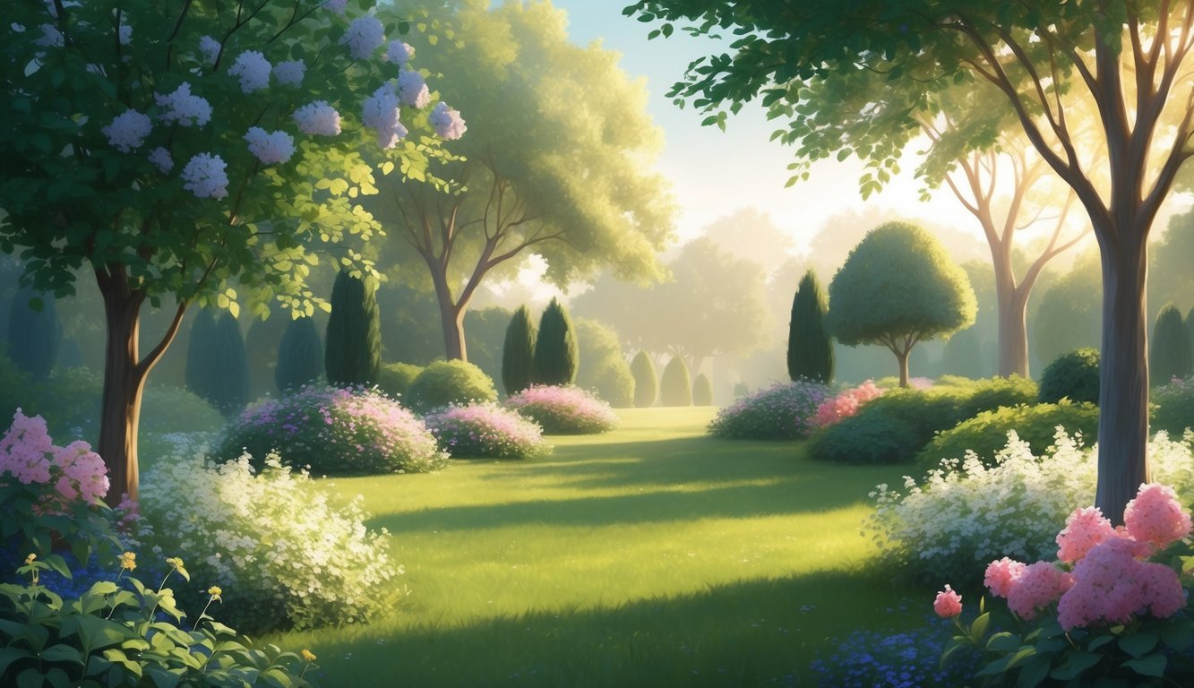 A serene garden with blooming flowers and a gentle breeze, illuminated by soft sunlight filtering through the trees