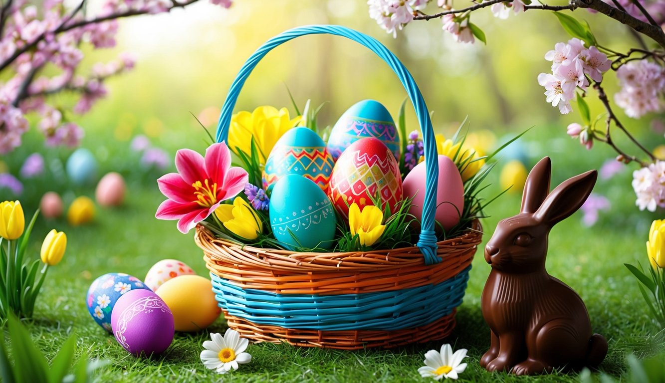 A colorful Easter basket filled with decorated eggs, blooming flowers, and a chocolate bunny surrounded by springtime scenery