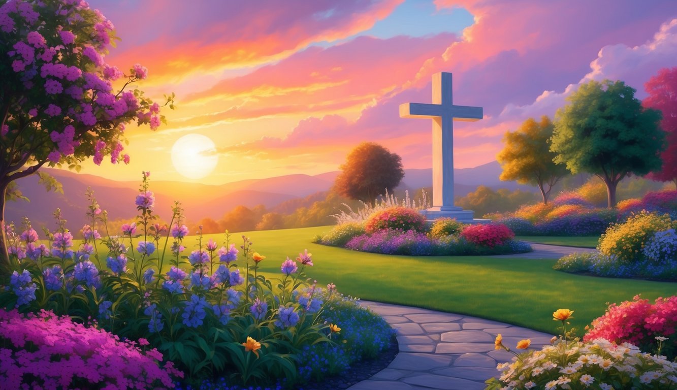 A vibrant sunrise over a peaceful garden with blooming flowers and a glowing cross in the background