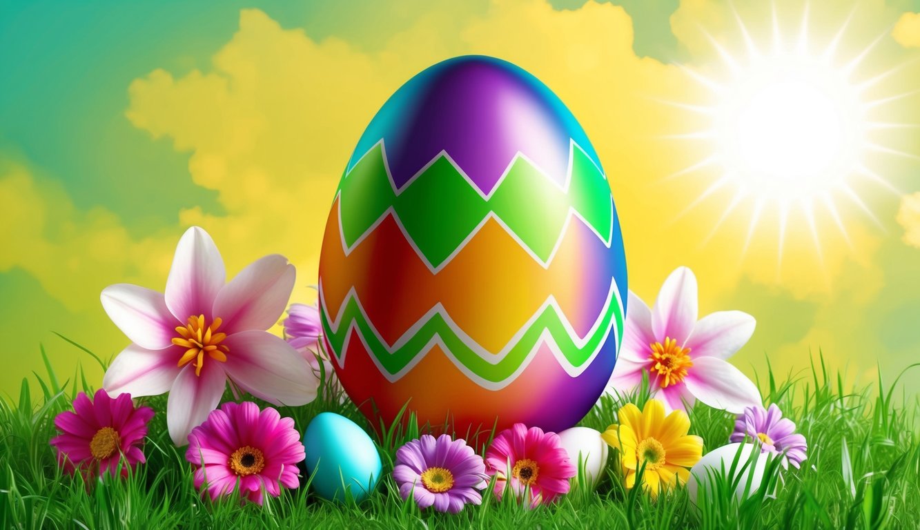 A colorful Easter egg surrounded by spring flowers and a shining sun