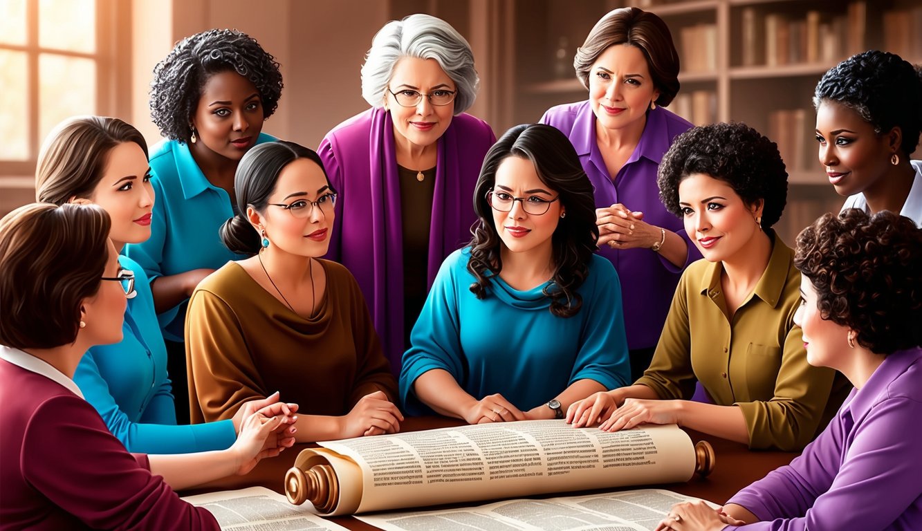 A group of women gather around a scroll, discussing and seeking answers to their questions about the women in the Bible