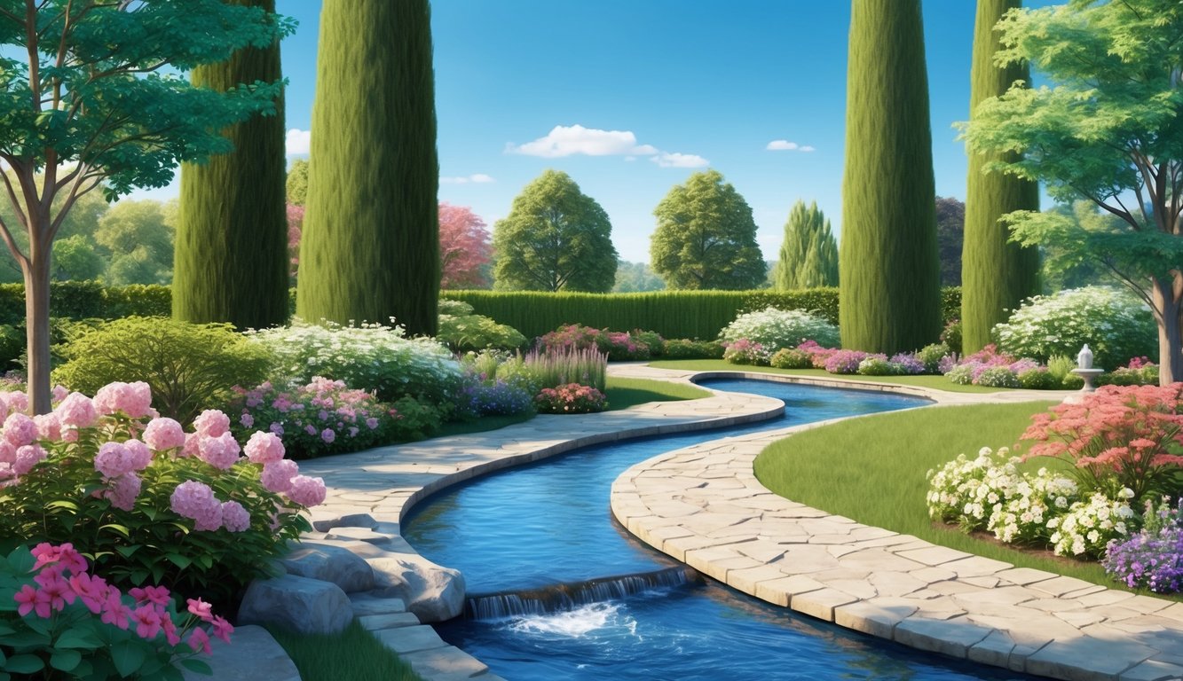 A serene garden with a flowing stream, surrounded by blooming flowers and tall trees under a clear blue sky