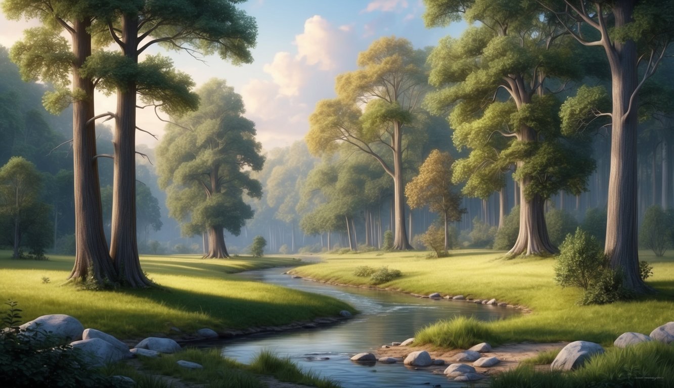 A serene forest glade with towering trees and a gentle stream, surrounded by a feeling of safety and peace