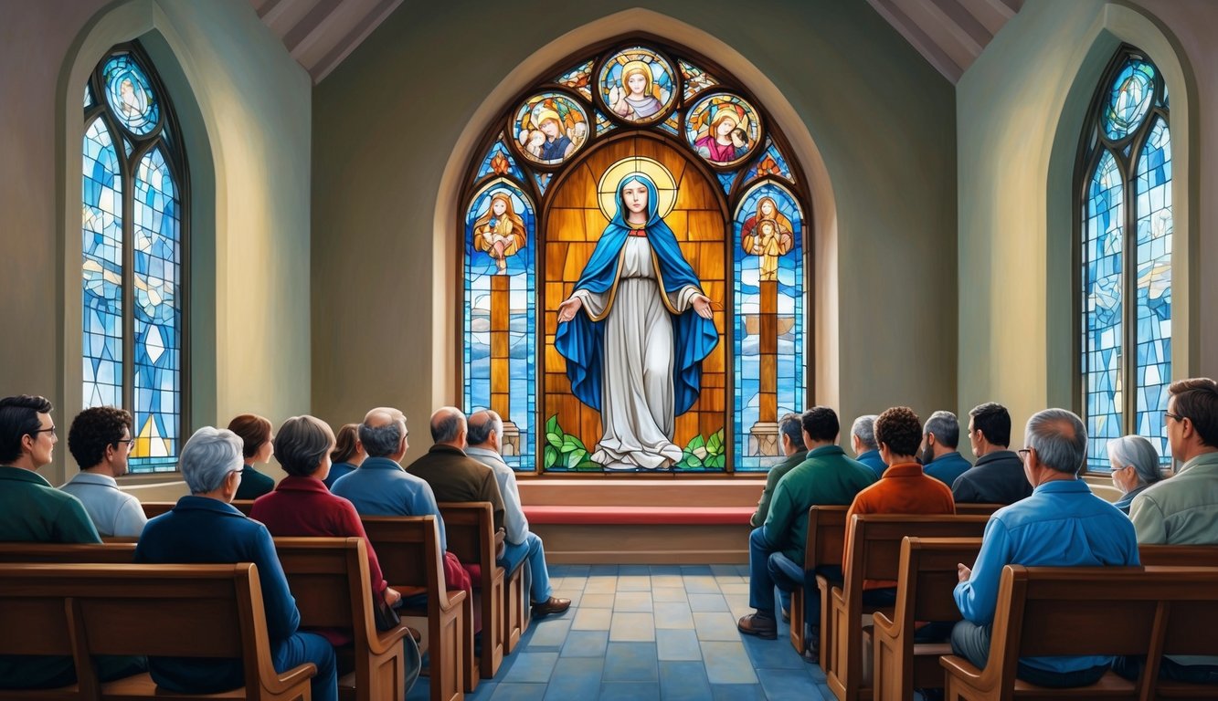 A serene chapel with a stained glass window depicting Saint Dymphna, surrounded by people seeking solace and answers